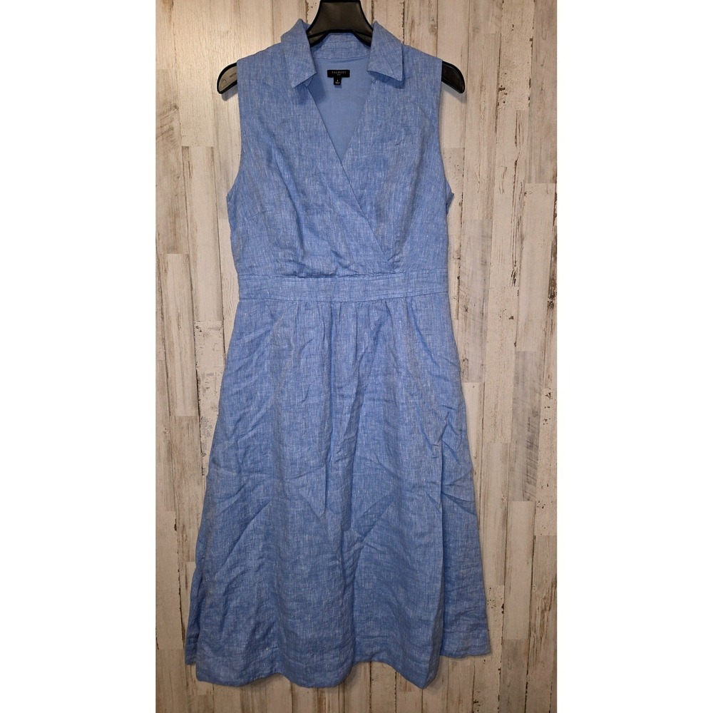 Talbots size 6 Midi 100% Linen Flare Dress Collared Sleeveless A-line A-line